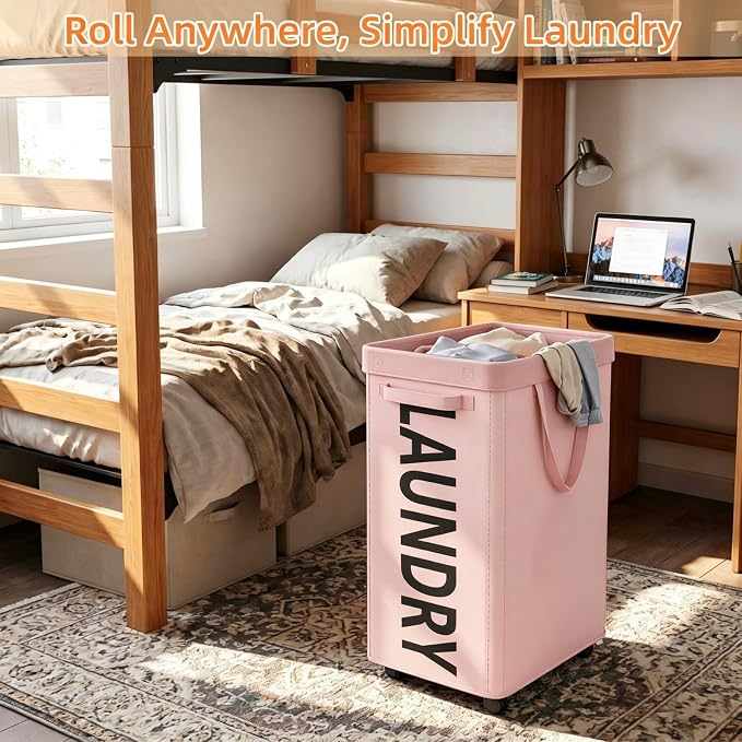 Optish Pink Laundry Basket with Wheels, Dorm Room Essentials Girl, 90L Rolling Laundry Hamper with Wheels, Large Clothes Hamper on Wheel with Removable Mesh Bag for Bedroom, Dorm