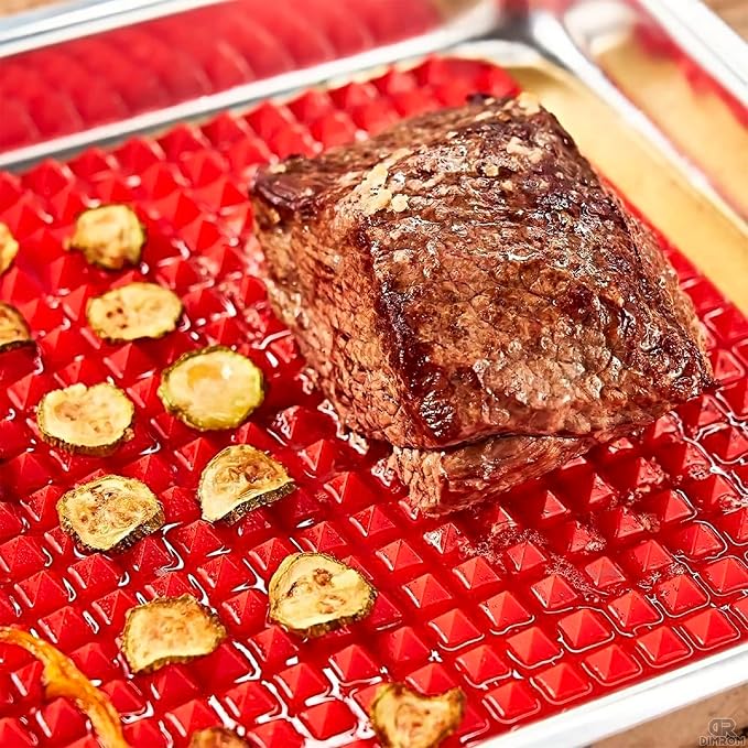 Red Silicone Baking Mat - 16x11.42" Non Stick Baking Mat With Fat Filtering Red Pyramid Design, Suitable for Oven & Microwave - Flexible & Easy-to-Clean Silicone Cooking Mats for Roasting, BBQ, Bacon