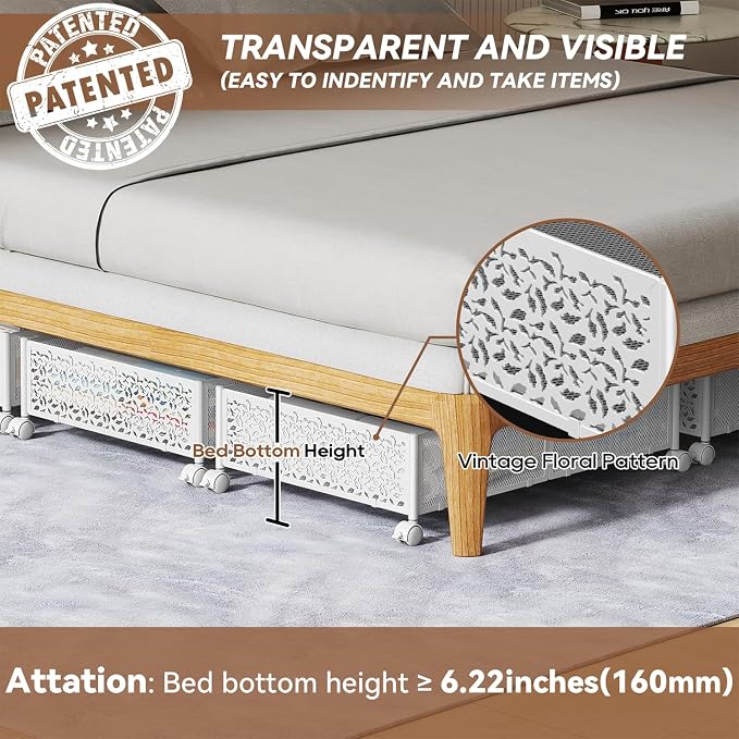 PHINOX Under Bed Storage with Wheels,Patterned,Sturdy Metal,4 Pack,White | Tool-free assembly, glide smoothly, easy reach, foldable, maxmazie low-profile beds, dorm, keep seasonal clothes, shoes fresh