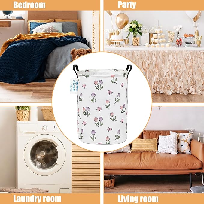 Round Laundry Basket Collapsible Storage Hamper Organizer Romantic Tulip | Waterproof Canvas Foldable Baskets with sturdy Handles Multi-scene Organizer for Home Play Bedroom Gift Bin