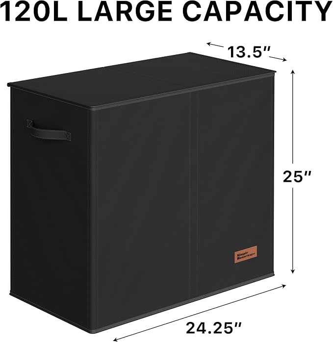 Simple Houseware Double Laundry Hamper with Lid & Removable Bags, Black | Heavy Duty 600D Polyester, Water-Resistant Surface