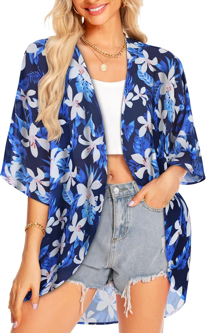 Women Kimono Cardigans Summer Cover Up Hawaiian Shirts Floral Print Tops | ROSEMIA chiffon kimono open front cardigans, beach cover ups, daily casual tops, cruise outfits, summer resort wear