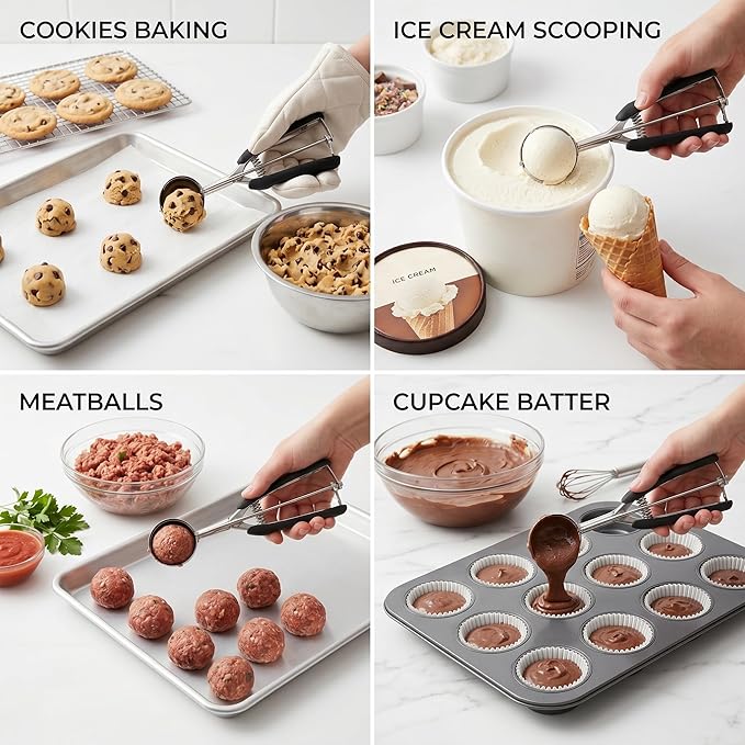Cookie Scoop Set, 3Pcs Ice Cream Scoop, Cookie Scoops for Baking Set of 3, 18/8 Stainless Steel Cookie Scooper for Baking, Ice Cream Scooper with Trigger Release, Cookie Dough Scoop with Non-slip Grip