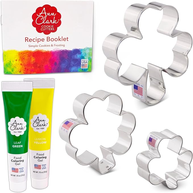 Shamrock Cookie Cutters and Decorating 5-Pc. Set Made in USA by Ann Clark, 2.5", 3.25", 3.75", Yellow & Leaf Green Food Coloring Gel