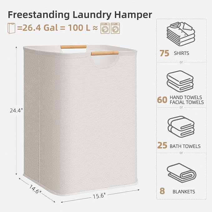 STORAGE MANIAC 1-Pack Large Laundry Hamper, 100L (26.4 Gal) Collapsible Laundry Basket with Bamboo Handles, Freestanding Waterproof Clothes Hamper for Laundry Room, Bedroom, Dorm, Towels, White