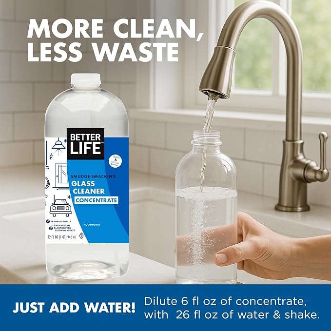 BETTER LIFE Glass Cleaner Concentrate - Streak-Free Window Cleaner for Home, Kitchen, Bathroom, Shower, Car - Works on Glass, Windows, Mirrors, Light Fixtures - 32oz Unscented