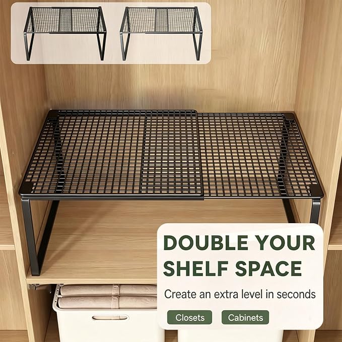 2 in 1 Expandable Floating Metal Cabinet Shelf, Black, 1pc | Adjustable, Anti-Rust Heavy Duty, 2 In 1, 15-24.4 Inch, Stand or Float, For Kitchen Pantry, Closet, Wardrobe
