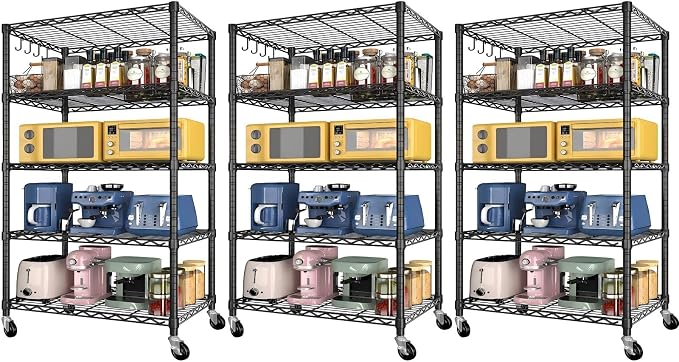 Wire Storage Shelves with Wheels: 5 Tier Adjustable Metal Shelving Unit, Heavy Duty Bakers Rack Rolling Pantry Shelf Organizer for Closet, Kitchen, Laundry 24" W x 18" D x 75" H, Black, 3PCS