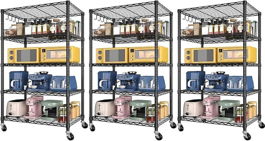 Wire Storage Shelves with Wheels: 5 Tier Adjustable Metal Shelving Unit, Heavy Duty Bakers Rack Rolling Pantry Shelf Organizer for Closet, Kitchen, Laundry 24" W x 18" D x 75" H, Black, 3PCS