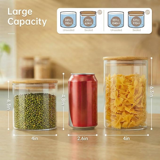 32oz & 21oz - 4 Pack Glass Jars with Bamboo Lids, Glass Pantry Storage Containers with Airtight Lids, Round Air Tigh Food Storage Canisters for Cereal, Pasta, Flour, Sugar, Best for Kitchen Organizer
