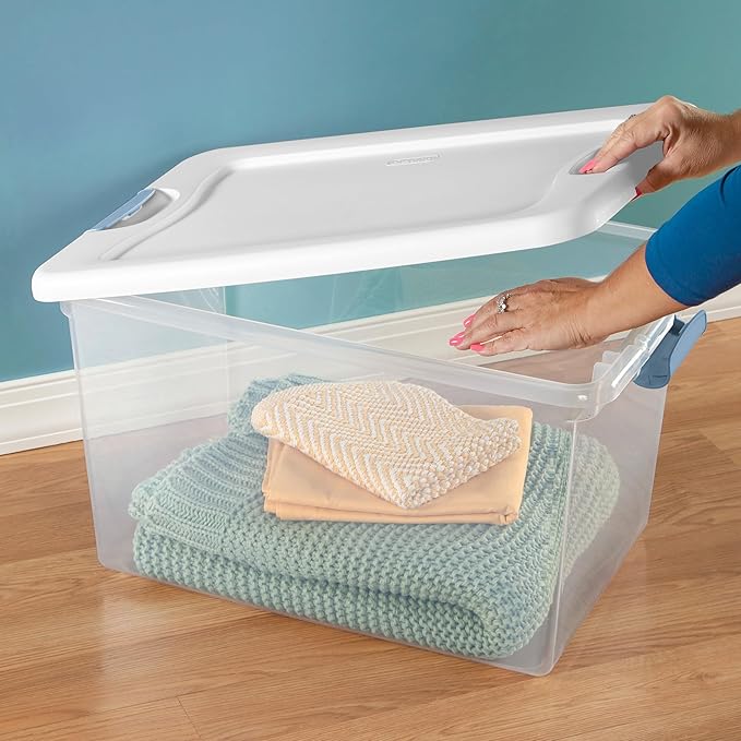 Sterilite 4-Pack 64 Quart Latching Box, Clear Plastic Storage Organizer Bins with White Lids - Large Stackable Containers for Home Bedroom, Dorm Room, and Closet Organization