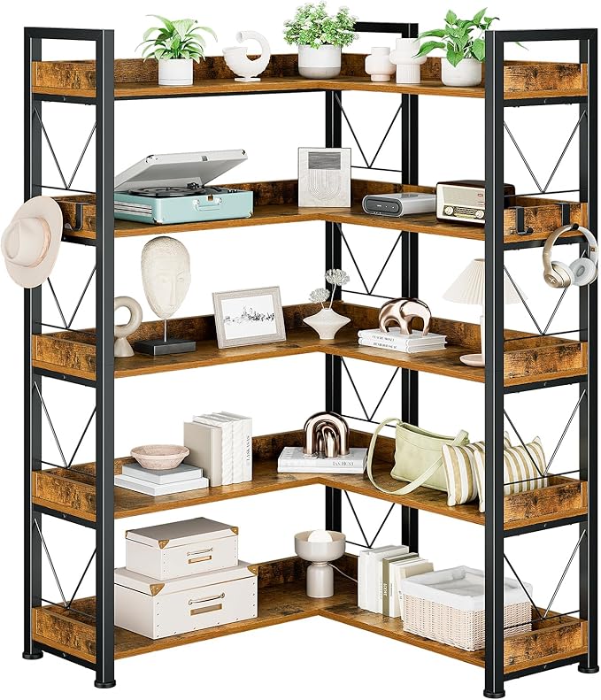 DUMOS 65 inch L Shaped Bookshelf, 5 Tier Corner Bookcase with Hooks and Edge, Industrial Pantry Shelves with Metal Frame, Wooden Open Storage for Living Room, Home Office, Bedroom, Rustic Brown | Industrial Pantry Shelves with Metal Frame, Wooden Open ...