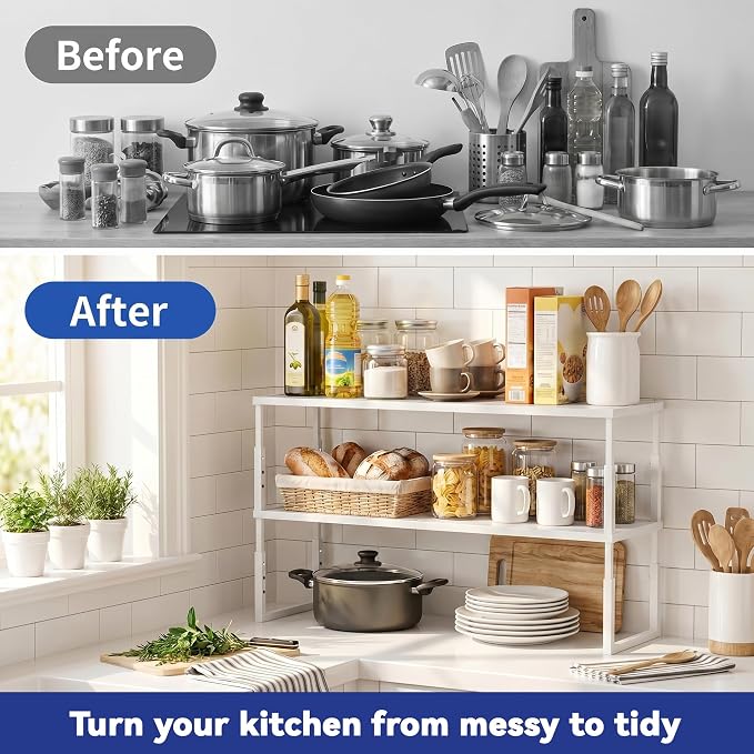 2 Packs Expandable Cabinet Shelf Organizer, Stackable Kitchen Countertop Storage Shelves, Heavy Duty Adjustable Pantry Organizer Rack for Cabinet, Cupboard, Under Sink & Spice Storage
