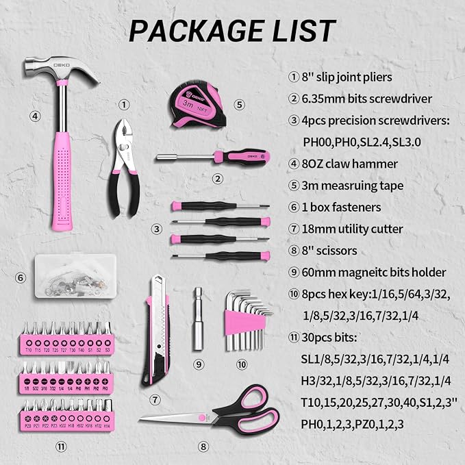 DEKOPRO 50 Piece General Household Hand Tool Kit with Plastic Toolbox Storage Case, All Purpose Home Tool Kit Includes Essential Tools for Office College Repairs - Pink