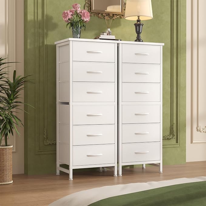 Sweetcrispy Tall Fabric Dresser for Bedroom, 6 Drawer Chest of Drawers | Narrow Storage Tower with Wood Top and Metal Frame, Vertical Nightstand for Closet, Bedroom Organization Furniture, White