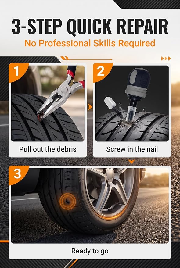 Tire Repair Rubber Nail Kit with Ratcheting Screwdriver, Needle-Nose Pliers & Organizer Case, Fast Self-Service Tool for Car, Truck, Motorcycle, Tractor Tire Puncture Repair
