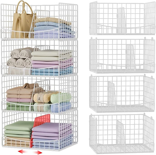 Hongtamoya 4-Tier Closet Organizers and Storage Basket with Divider, Foldable Closet Shelf Organizer System, Space-Saving Clothes Storage Drawer Organizer Bins for Wardrobe Cupboard, White