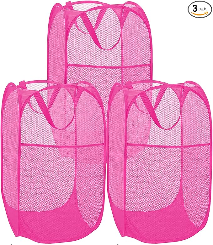 BATTOO Deluxe Strong Mesh Pop up Laundry Hamper Basket with Side Pocket for Laundry Room, Bathroom, Kids Room, College Dorm or Travel 3 Pack Blush