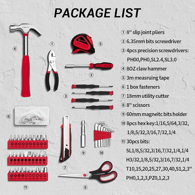 DEKOPRO 50 Piece General Household Hand Tool Kit with Plastic Toolbox Storage Case, All Purpose Home Tool Kit Includes Essential Tools for Office College Repairs - Red