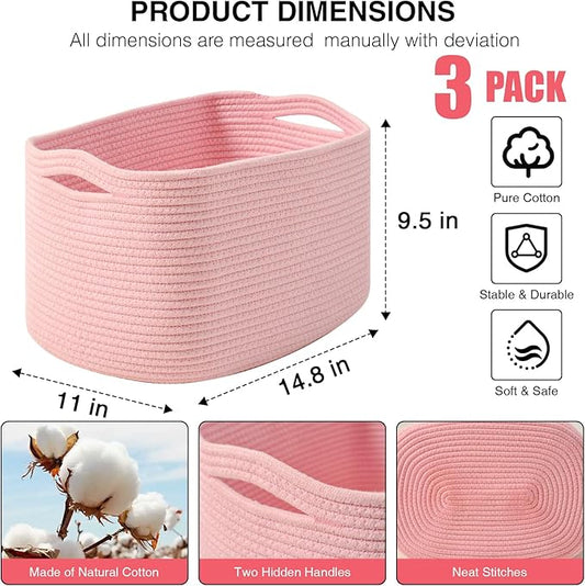 Pink Storage Baskets for Organizing Shelves, Woven Cotton Rope Baskets for Storage, Toy Basket for Kids, Cute Basket for Shelves Closet, 14.8"×11"×9.5", Pack of 3, Light Pink