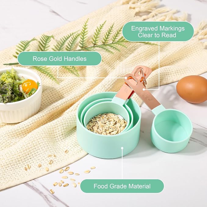 8-Piece Stackable Rose Gold Stainless Steel Handled Measuring Cups and Spoons for Measuring Dry and Liquid Ingredients (grey)