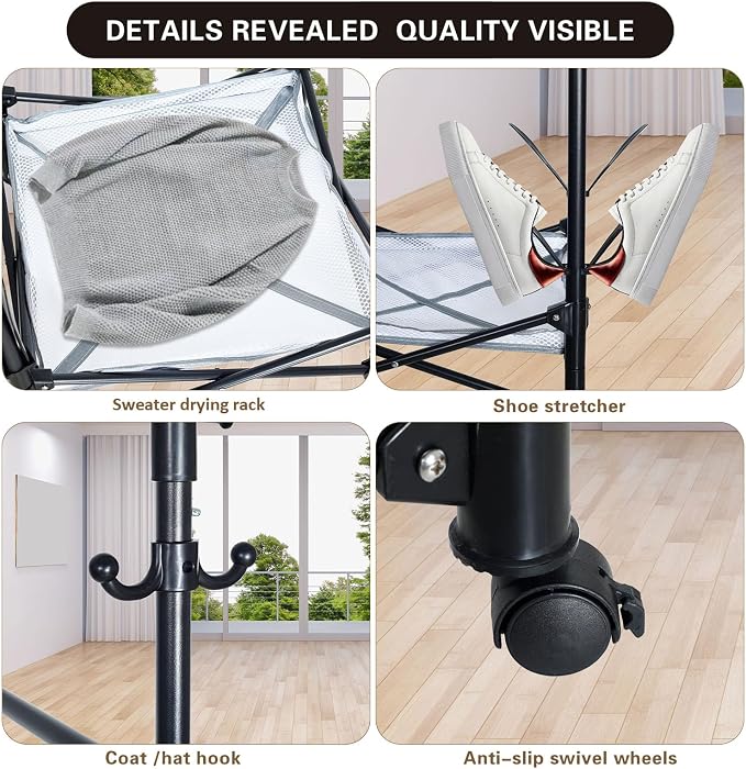Folding Clothes Drying Rack with Extendable Rod and Wheels | Double Rod Extendable 33.1–56.7 Inches, Drying Rack Clothing with Wheels, Sweater Drying Net,Hat Hanger