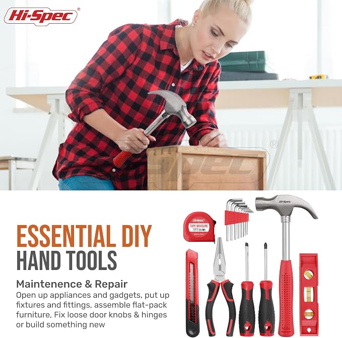 Hi-Spec 8V USB Cordless Drill Driver Home Tool Kit for Home DIY, Red | 58pc, faster holes and screwdriving, bit accessories, portable carry storage, light-duty project control, home setup help
