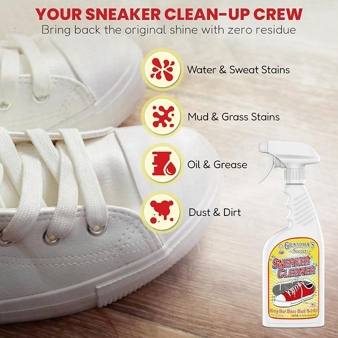 Grandma's Secret Sneaker Cleaner - Shoe Cleaner for Rubber, Canvas and Leather - Stain Remover Spray Removes Dirt, Grime and Grass - Sneakers Cleaner for Outdoor Shoes, Slippers and Moccasins – 16 oz