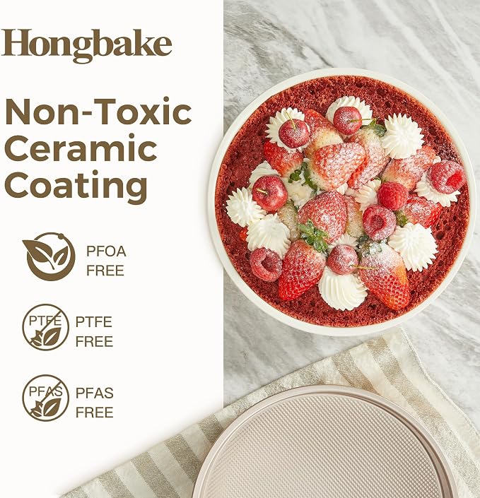 HONGBAKE Nonstick Ceramic 9 Inch Round Cake Pan Set of 2, Heavy-Duty Aluminized Steel Round Cake Pans with Diamond Texture, Non-Toxic Cake Molds, Cake Pans 9 Inch Round for Baking Cheesecake, Cream
