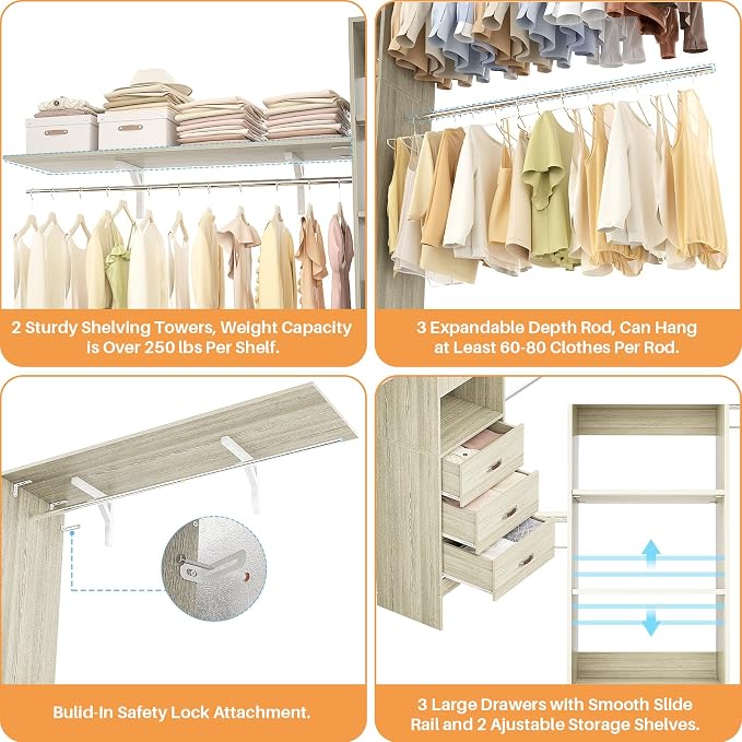 Armocity 120 Inches Closet System, 10FT Walk In Closet Organizer with 2 Shelving Towers, Heavy Duty Clothes Rack with 3 Drawers, Built-In Garment Rack, 120" L x 16" W x 75" H, Load 1300 LBS, White Oak