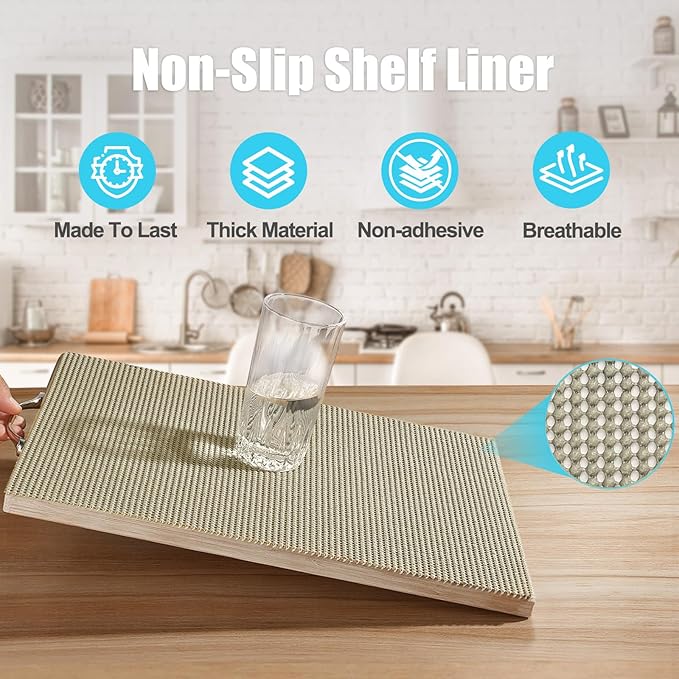 Songrey Non-Slip Shelf Cabinet and Drawer Liner, 20IN x 10FT, Beige | No Adhesive Residue, Strong Grip, Thick PVC Mat, for Kitchen Shelves, Bathroom Drawers, Home Essentials, Snip to Fit
