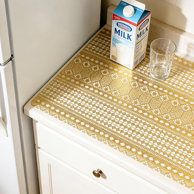 Drawer and Shelf Liner - Gold Geometric Lace Pattern,Non Adhesive | Non Slip Waterproof Easy-Clean Shelf Liner for Kitchen Cabinet, Bathroom, Pantry Storage Drawers, 17 in x 20 Ft