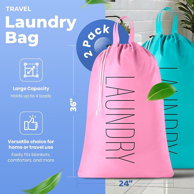 Extra Large Travel Laundry Bag - 2-Pack Fun Print Design Bags for Dirty Clothes - Durable Water-Resistant Fabric - Sturdy Drawstring Closure (Pink-Teal | Laundry)
