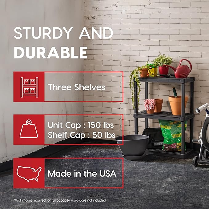 IRIS USA Plastic Storage Shelves |Made in USA| 33"H x 24"W x 12"D - Black | Light Duty Rack Organizer, 150lb Total Capacity, 50lb Per Shelf, Shelving Unit for Bathroom, Laundry, Home & Pantry