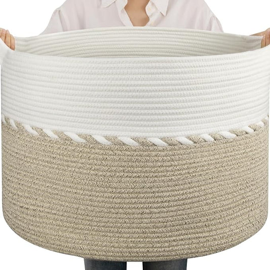 OIAHOMY 105L Extra Large Blanket Basket - Decorative Cotton Rope Storage Basket for Bedroom, Living Room & Nursery - Woven Laundry Hamper for Organizing Blankets, Clothes & Toys - Light Brown & White