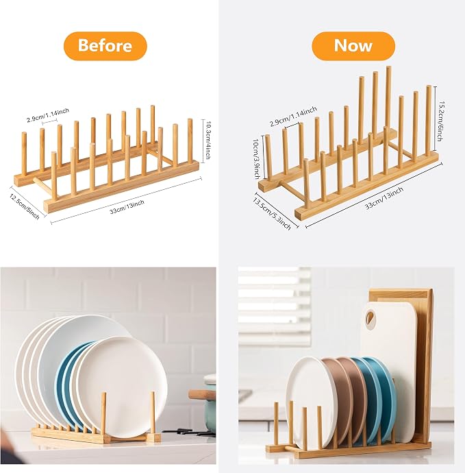 HBlife 2pcs Heighten and Widen Bamboo Dish Drying Rack Plate Bowl Cup Book Pot Lid Cutting Board Stand Drainer Storage Holder Organizer for Kitchen Cabinet