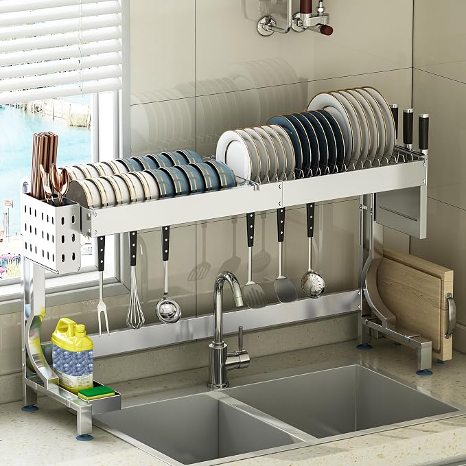 MINGLING Over Sink Dish Drying Rack Kitchen Dish Rack Over Sink Height & Width Adjustable Large Over Sink Dish Drainer Rack Full Stainless Steel (W21.2-37"~ H18.5-22" Silver)