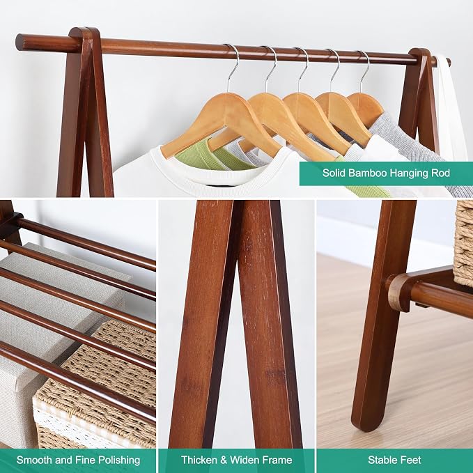 Jotsport Bamboo Clothing Rack with 2 Tier Storage Shelf, Foldable Design | Portable Clothes Hanging Stand Space-Saving Garment Rack for Laundry, Guest Room, Apartment, Entryway