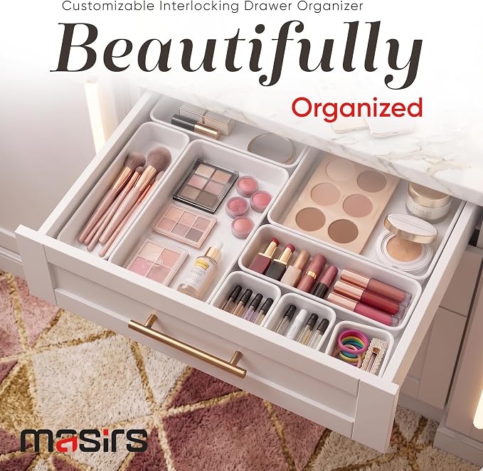 Masirs Interlocking Drawer Organizer Bins - Durable Plastic, Various Sizes for Custom Layout Design. Great for Desk Drawer, Tool Box or Garage Organization. (White | 8-Piece Set)