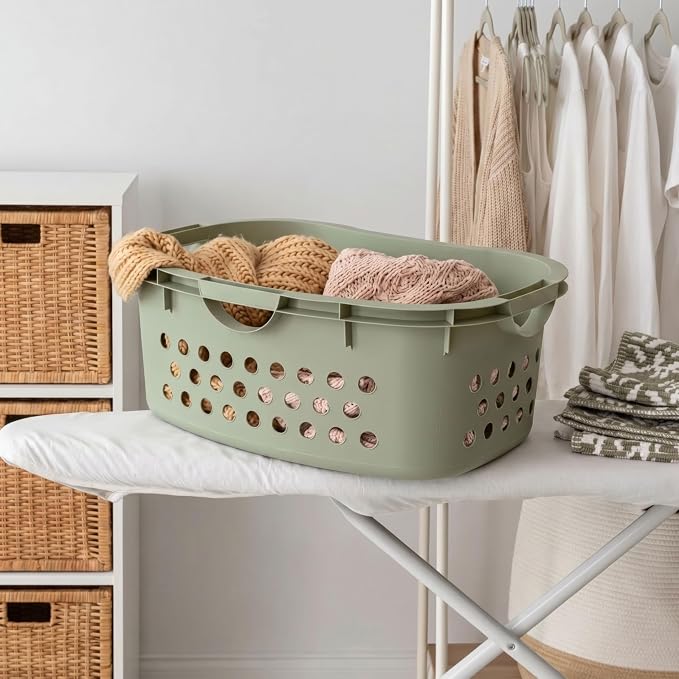 IRIS USA Laundry Basket, 51L Plastic Hip Hold Hamper, 4 Pack, Sage Green | Lightweight ventilated laundry basket with hip-hold handles for everyday clothes, towels, and bedding.