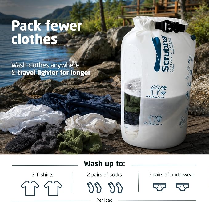 Scrubba Wash Bag Untouched Patented Washboard-in-a-Bag™ 5 oz Travel Washer | Pack Light, Wash Anywhere Fast, Inner Washboard, Machine-Quality Wash, Non-Electric, Recycled Polyester, Sustainable Travel