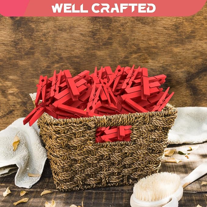 100 Pcs Red Clothes pins - 2.9 Inch Wooden Clothespins Cheer Clips | Vibrant for Crafts Classroom Decorations Clothing Pictures Laundry Solid Wood No Splinters Fade‑Proof