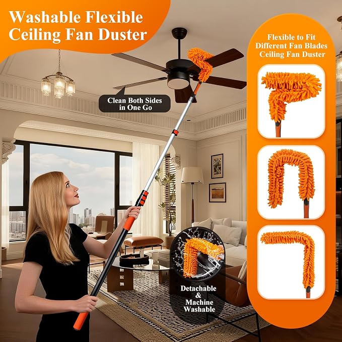 26ft High Reach Duster Kit with 5-20ft Heavy-Duty Extra Long Extension Pole, Vaulted Ceiling Cobweb Brush, Washable Ceiling Fan Duster, Microfiber Duster & Window Squeegee for Tall Ceiling