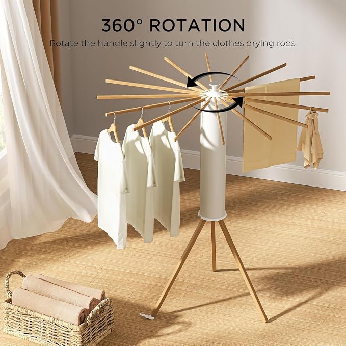 Wooden Tripod Clothes Drying Rack, Foldable Portable Garment Stand, Space Saving Laundry Drying Stand for Clothes, Indoor Outdoor Balcony Bedroom Laundry Organizer