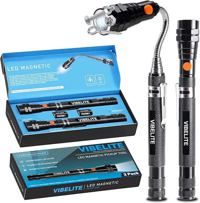 Extendable Magnetic Flashlight with Telescoping Magnet Pickup Tool, 2 Pack | Cool Gadget, Dad Gifts, Birthday Gifts for Men, Dad, Husband, Him, Father, Mechanic, Boyfriend, Women, Black