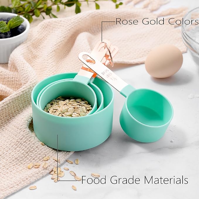 Rose Gold Stainless Steel Handle Measuring Cups and Spoons Set, 8 Piece Stackable Accurate Tablespoon for Measuring Dry and Liquid Ingredients Small Teaspoon with Plastic Head (Grey)