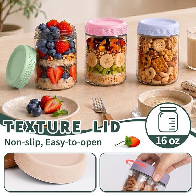 Mason jars 16 oz with lids, Chia Pudding Jars, Jar for Overnight Oats | Glass Jar with Lid, Parfait Cups with Airtight Lids, Glass Jars for Storage, Food, Chia, Pudding, fruit, on-the-go, 6 Pack