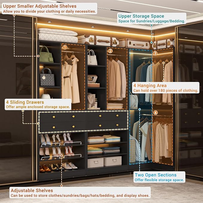 Besiost Closet System with 4 Drawers and Hanging Rods, 59.5"L / 87"L Closet Organizer System with Corner Tower, L Shaped Walk-in Closet System, Corner Closet System with Shelves, Set of 3, Black