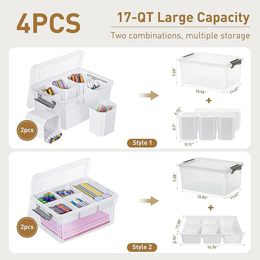 Citylife 17 QT Plastic Storage Box with Removable Tray and 6 Detachable Tall Inserts Craft Organizers and Storage Clear Storage Container for Organizing Crayon, Craft, Sewing, Playdoh, 4 Packs