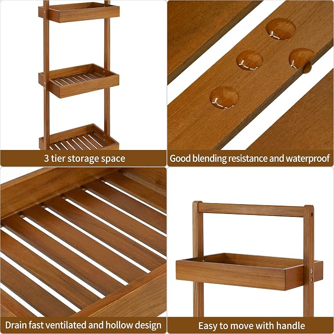 Utoplike Teak Shower Caddy Corner, Standing Organizer Shelf with Handle | 3 Tier with Handle, Wood Bathroom Stand Up Caddy Basket for Shampoo, Rack for Inside Shower, Bath, Office, Kitchen Desktop